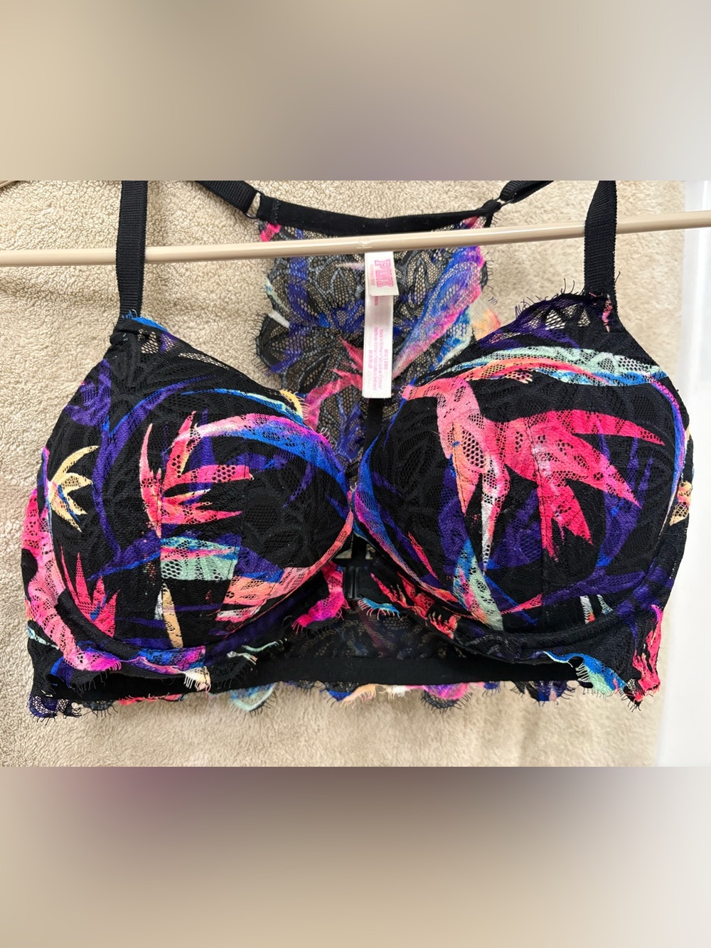 Victoria's Secret Black Lace Bra with Bright Tropical Print